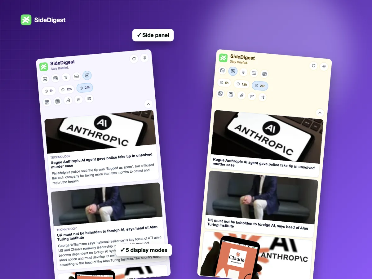SideDigest side panel in two display modes and themes