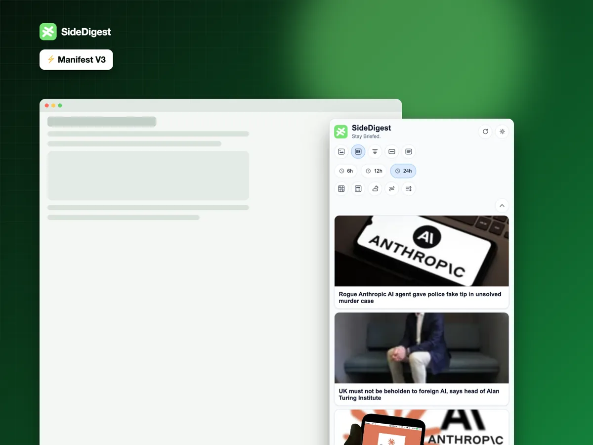 SideDigest news panel docked beside a browser window