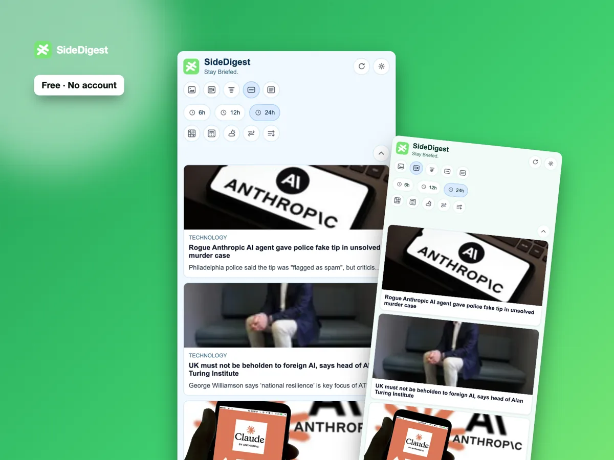SideDigest showing free live news headlines in the side panel