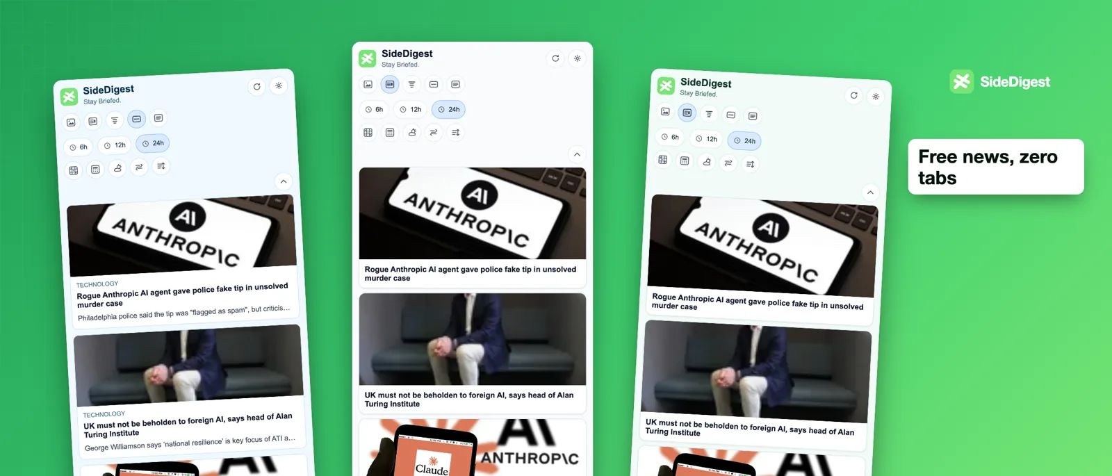 SideDigest panels in different display modes and themes