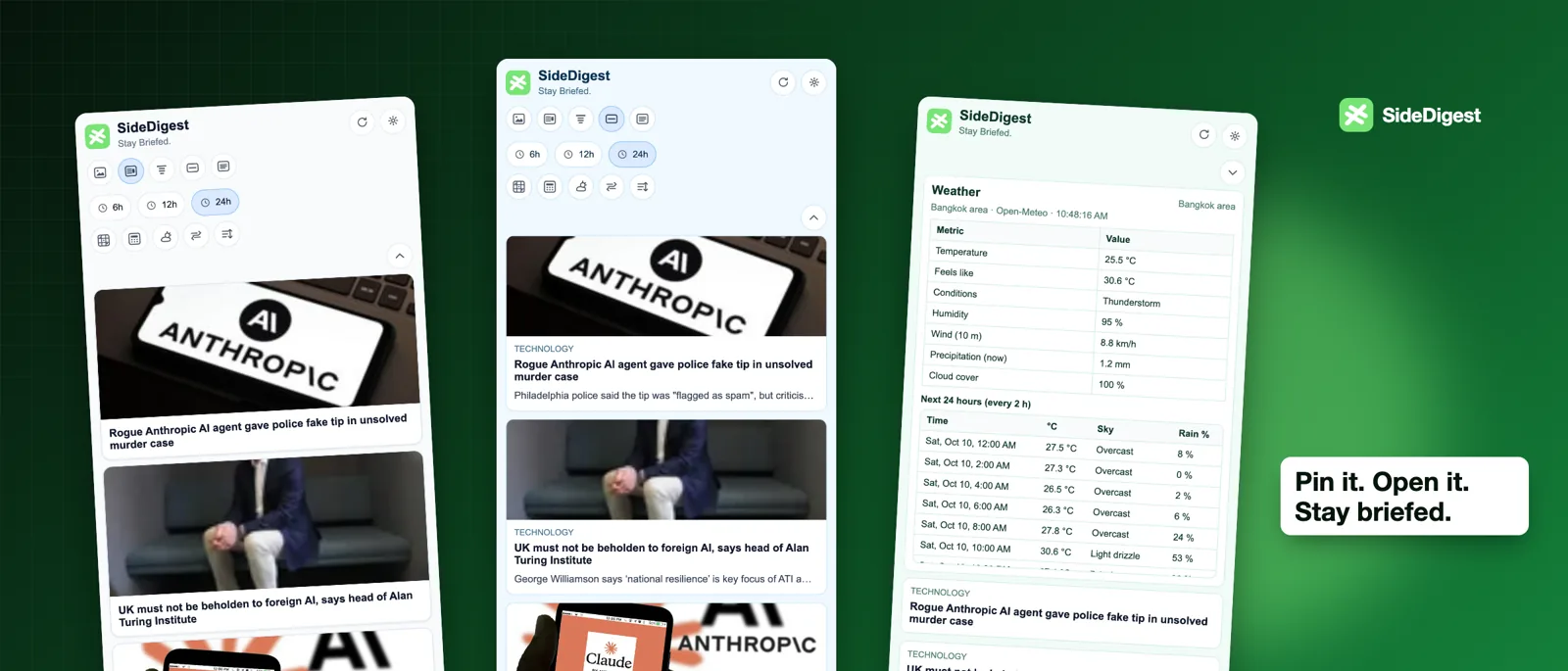 SideDigest panels showing headlines, topics and weather