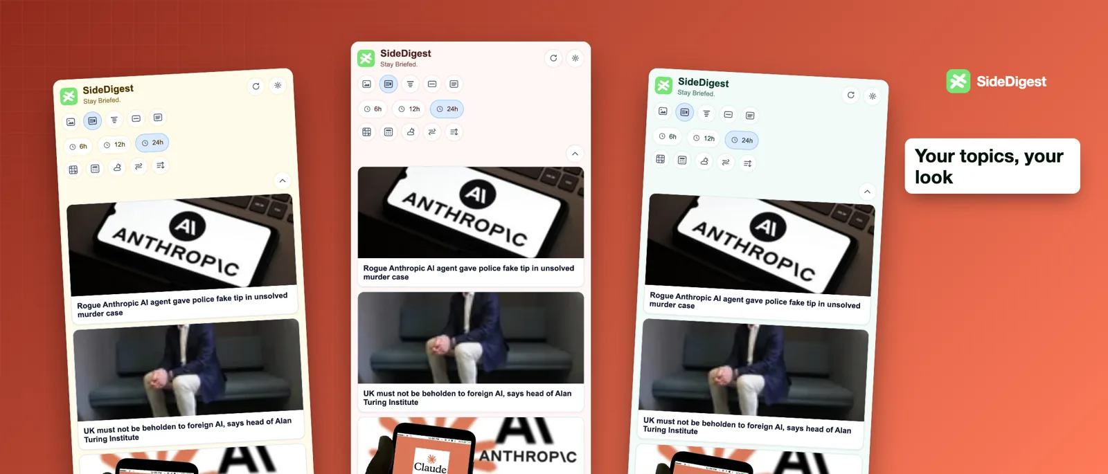 SideDigest personalized news feeds in several themes